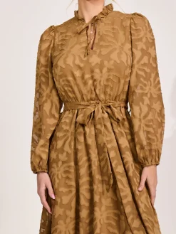 Tie Neck Chiffon Midi Dress, Brown