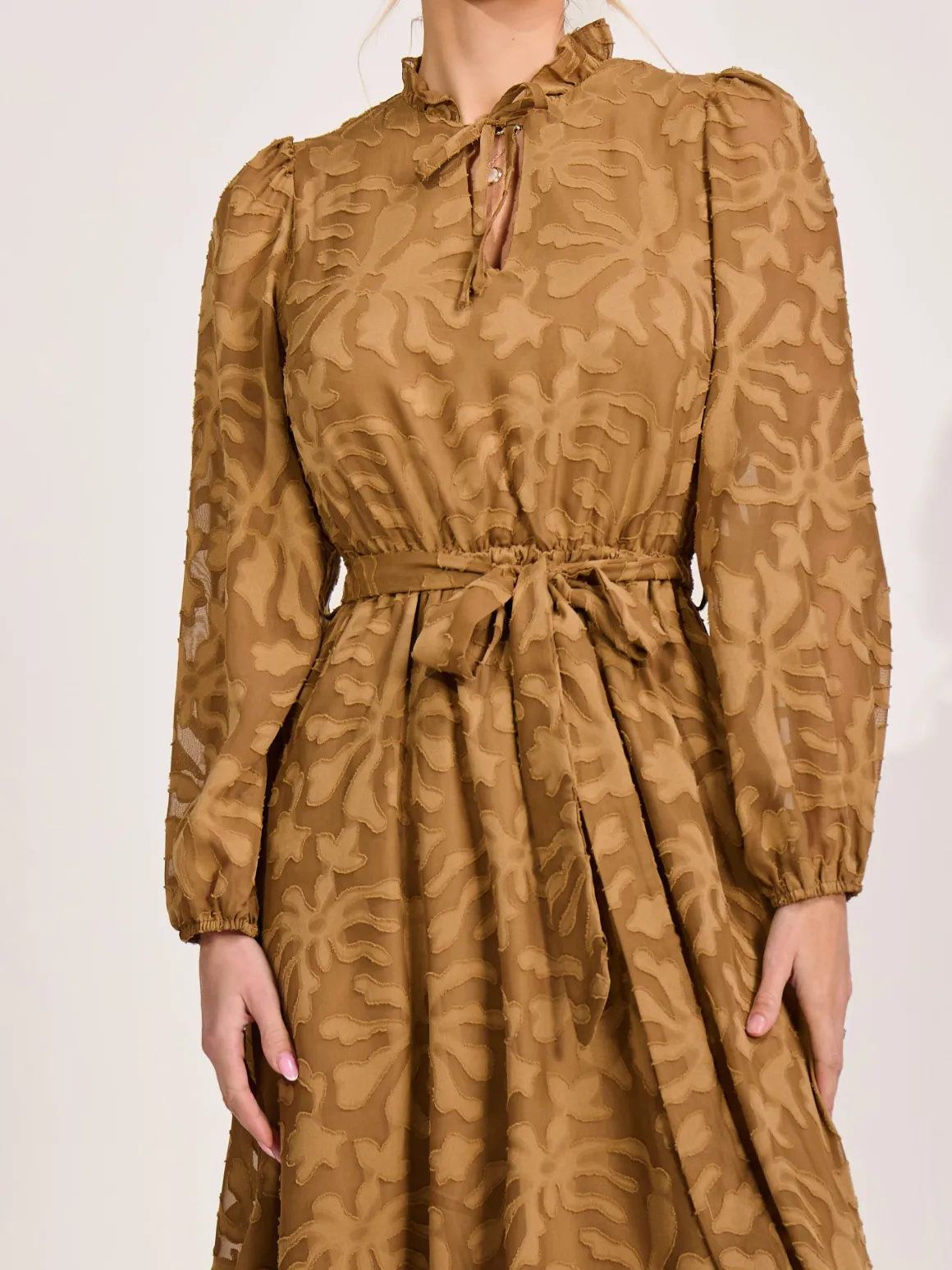 Tie Neck Chiffon Midi Dress, Brown
