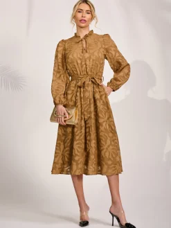 Tie Neck Chiffon Midi Dress, Brown