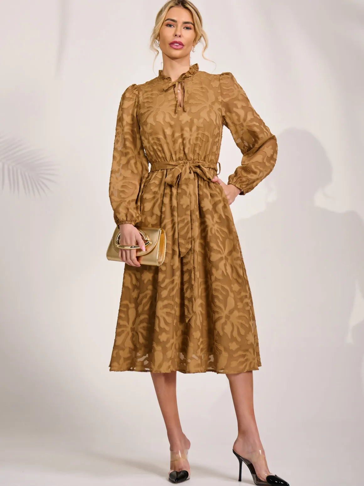 Tie Neck Chiffon Midi Dress, Brown
