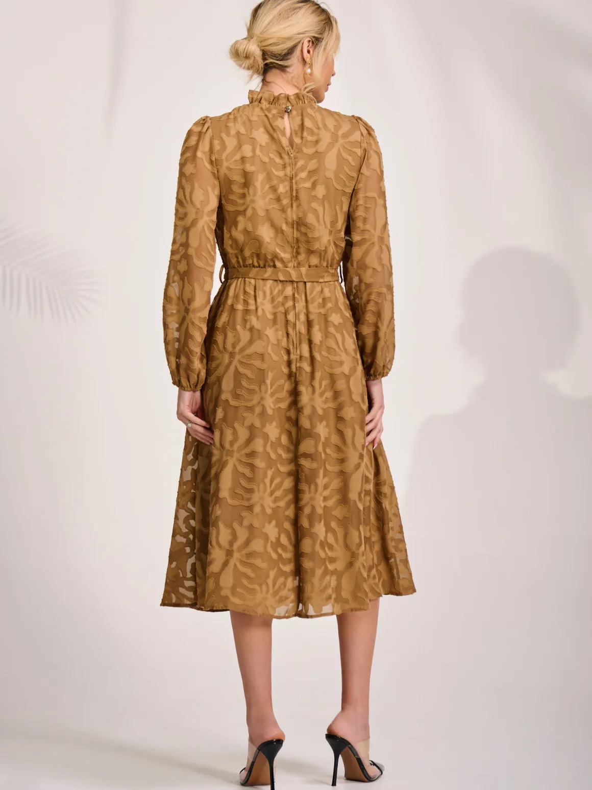 Tie Neck Chiffon Midi Dress, Brown