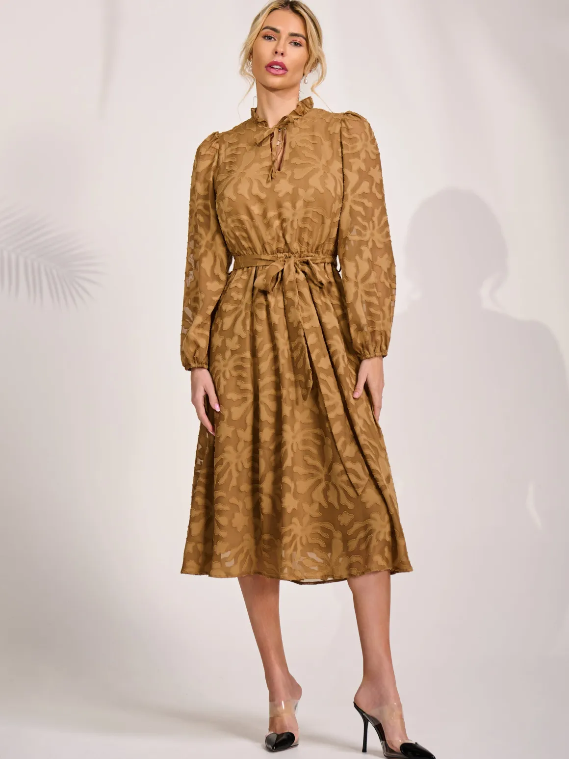 Tie Neck Chiffon Midi Dress, Brown