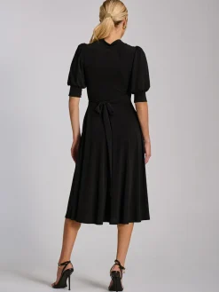 Tie Neck Puffy Sleeve Jersey Midi Dress, Black
