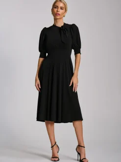 Tie Neck Puffy Sleeve Jersey Midi Dress, Black