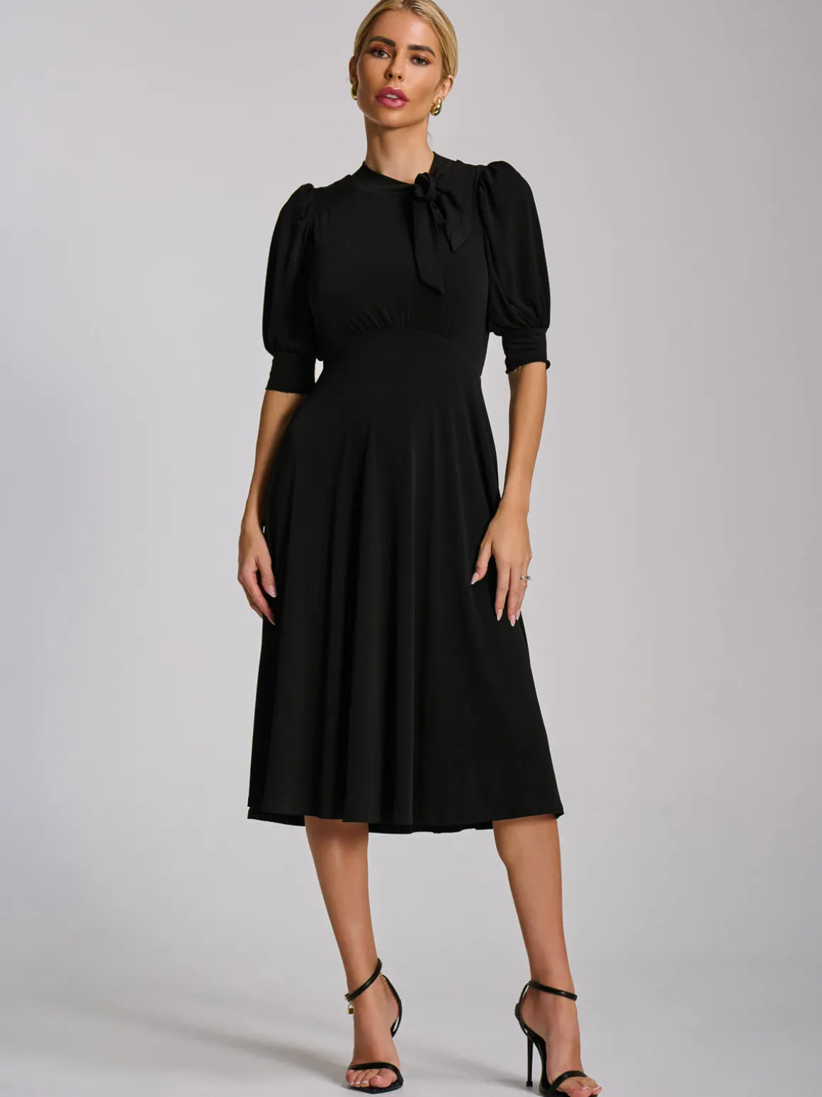 Tie Neck Puffy Sleeve Jersey Midi Dress, Black