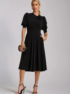 Tie Neck Puffy Sleeve Jersey Midi Dress, Black