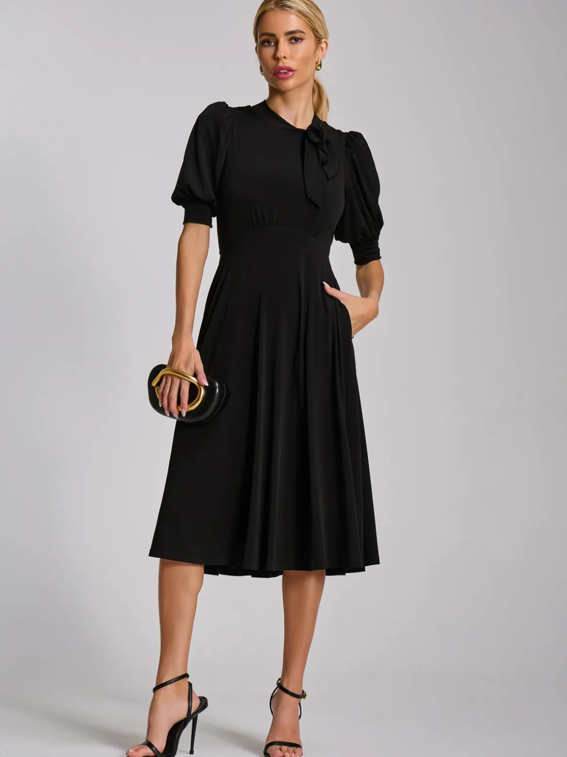 Tie Neck Puffy Sleeve Jersey Midi Dress, Black