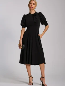 Tie Neck Puffy Sleeve Jersey Midi Dress, Black