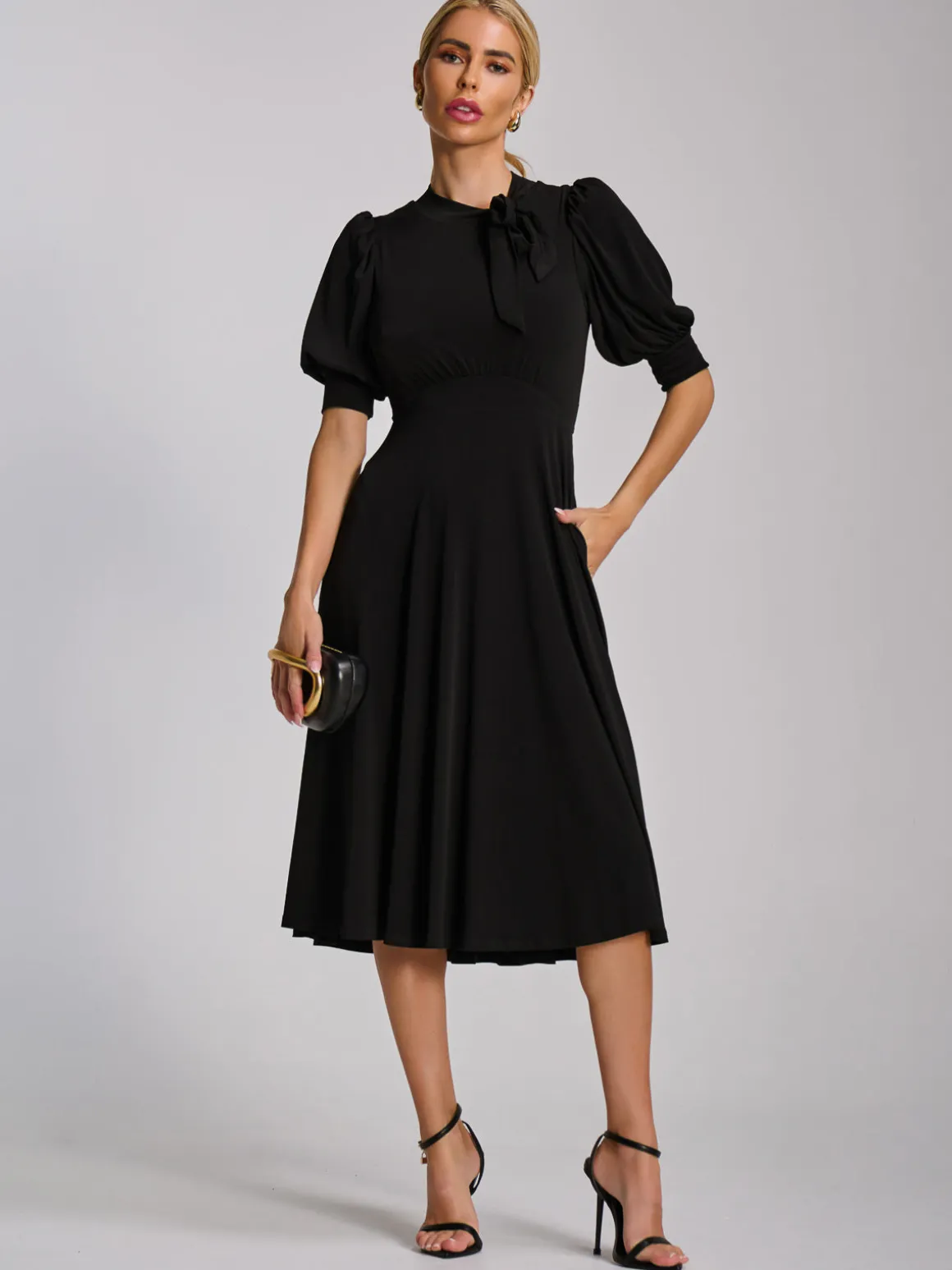 Tie Neck Puffy Sleeve Jersey Midi Dress, Black