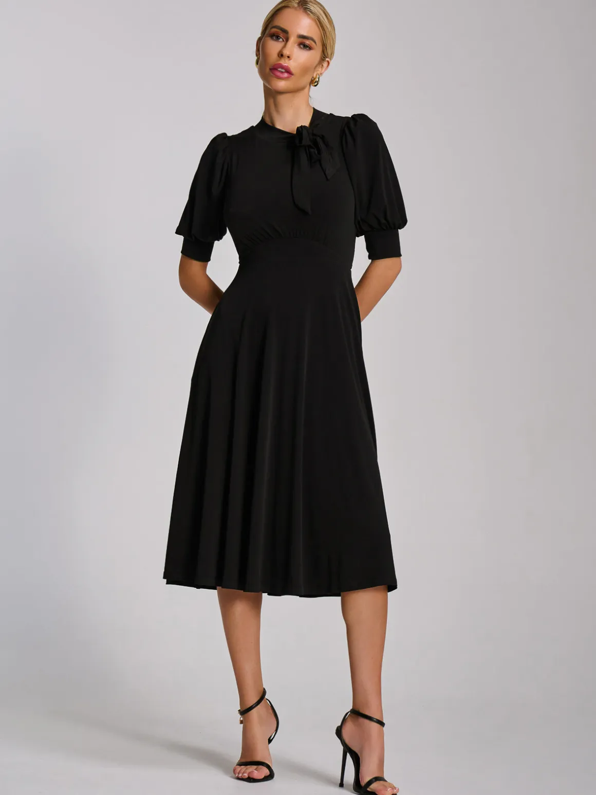 Tie Neck Puffy Sleeve Jersey Midi Dress, Black