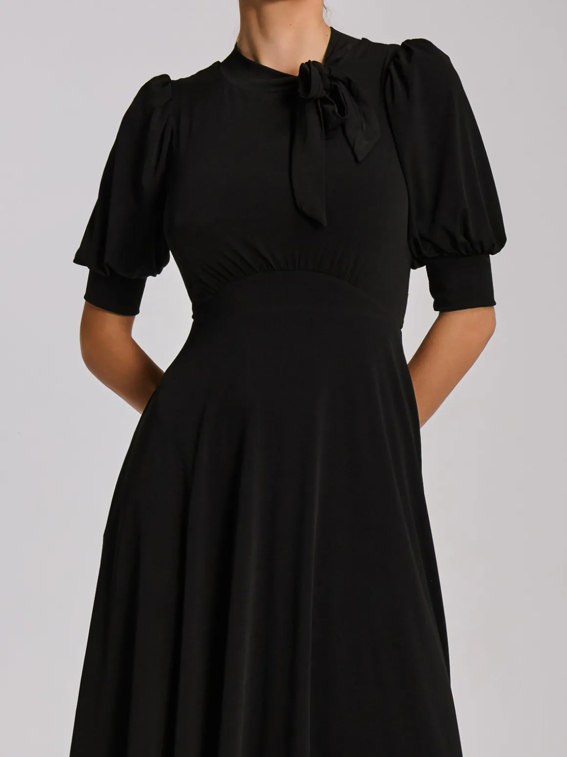 Tie Neck Puffy Sleeve Jersey Midi Dress, Black