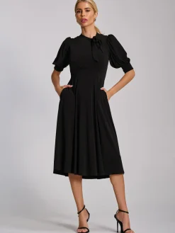 Tie Neck Puffy Sleeve Jersey Midi Dress, Black