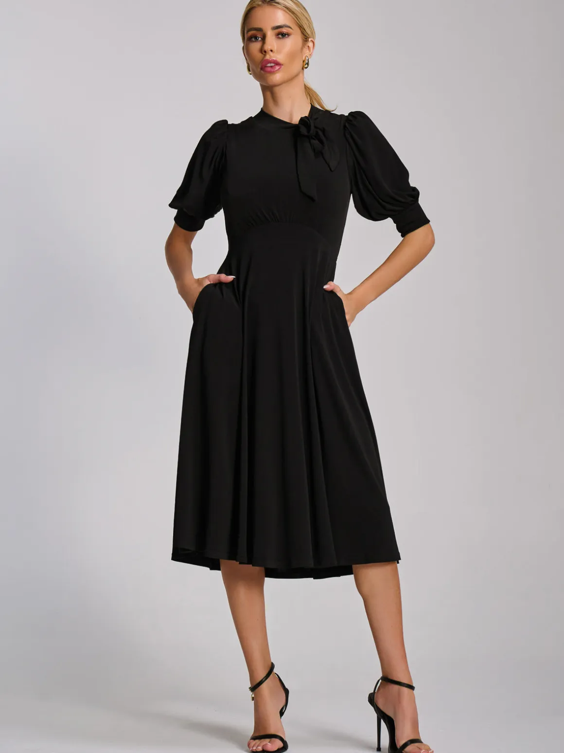 Tie Neck Puffy Sleeve Jersey Midi Dress, Black