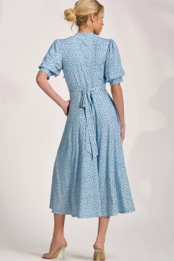 Tie Neck Puffy Sleeve Jersey Midi Dress, Blue Spot