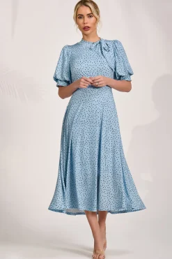 Tie Neck Puffy Sleeve Jersey Midi Dress, Blue Spot