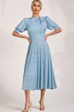 Tie Neck Puffy Sleeve Jersey Midi Dress, Blue Spot
