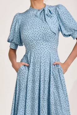 Tie Neck Puffy Sleeve Jersey Midi Dress, Blue Spot