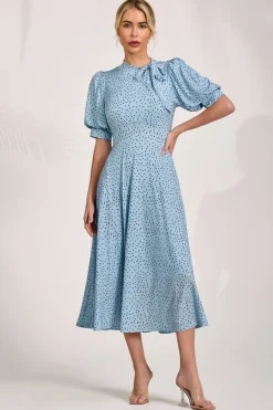 Tie Neck Puffy Sleeve Jersey Midi Dress, Blue Spot