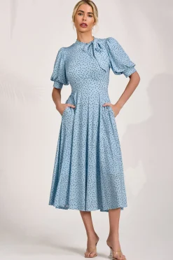 Tie Neck Puffy Sleeve Jersey Midi Dress, Blue Spot