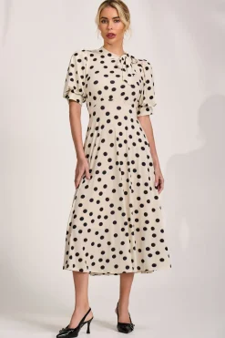Tie Neck Puffy Sleeve Jersey Midi Dress, Cream Spot