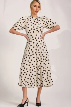 Tie Neck Puffy Sleeve Jersey Midi Dress, Cream Spot