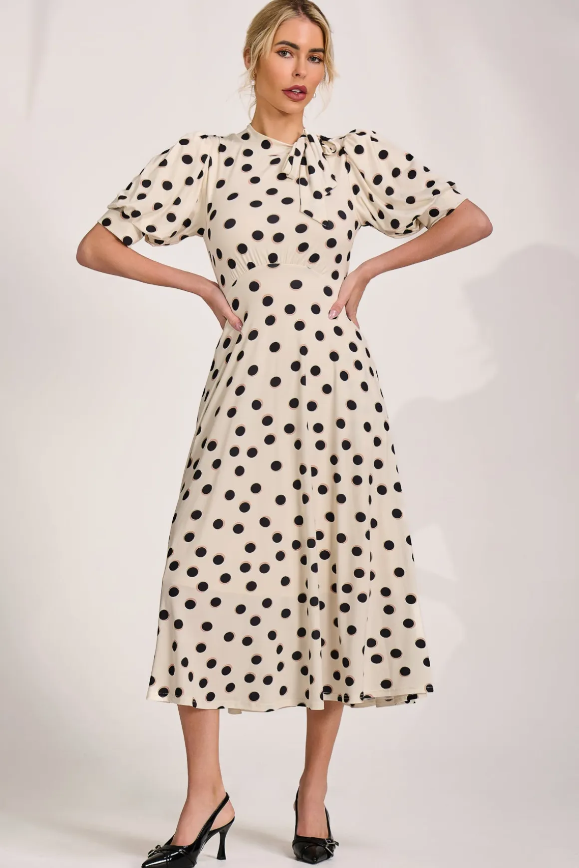 Tie Neck Puffy Sleeve Jersey Midi Dress, Cream Spot