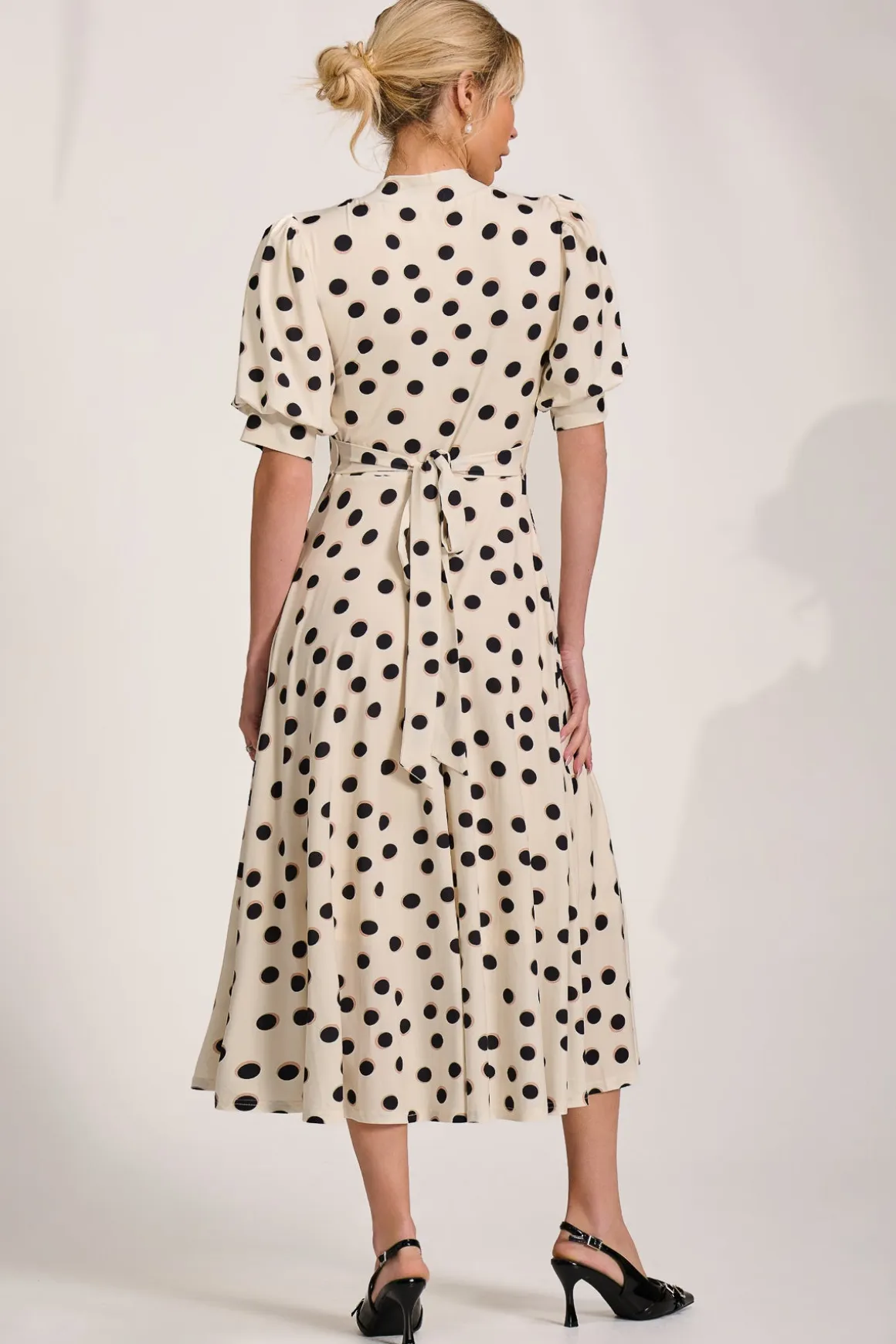 Tie Neck Puffy Sleeve Jersey Midi Dress, Cream Spot