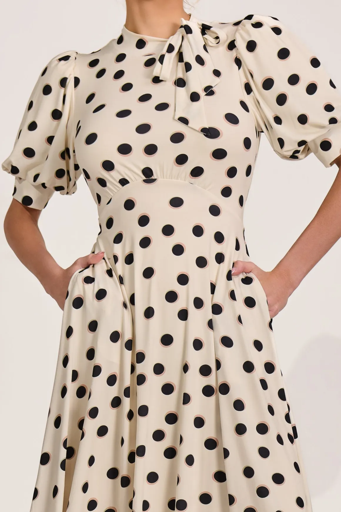 Tie Neck Puffy Sleeve Jersey Midi Dress, Cream Spot