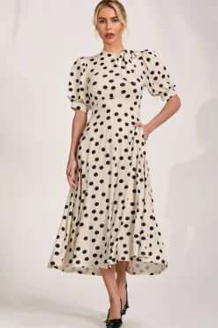 Tie Neck Puffy Sleeve Jersey Midi Dress, Cream Spot