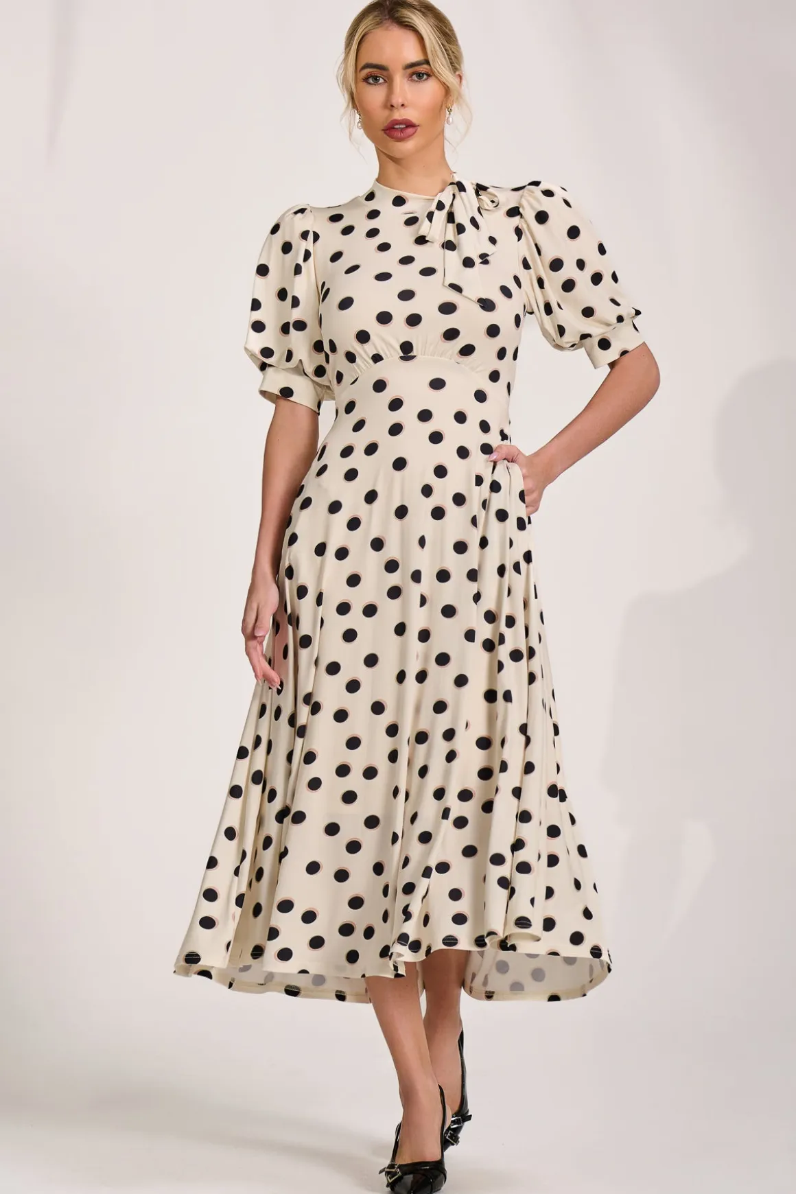 Tie Neck Puffy Sleeve Jersey Midi Dress, Cream Spot