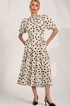 Tie Neck Puffy Sleeve Jersey Midi Dress, Cream Spot