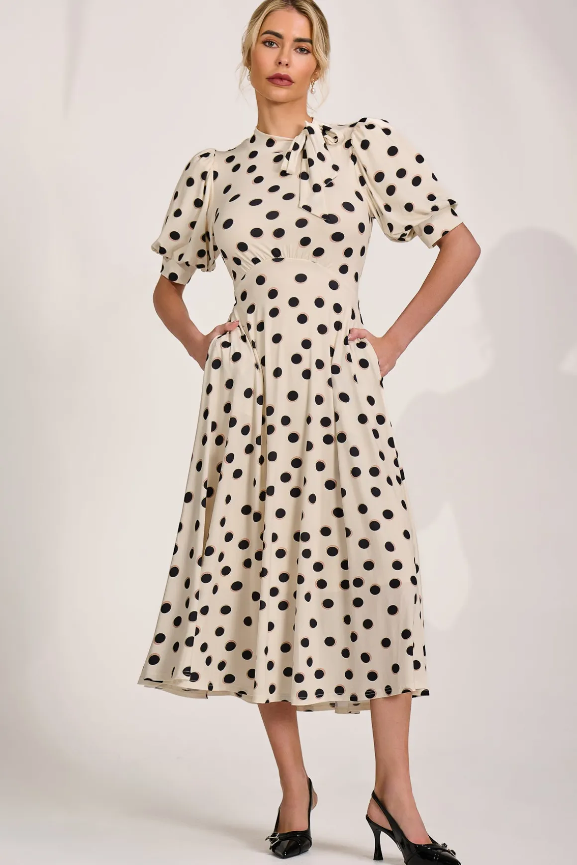 Tie Neck Puffy Sleeve Jersey Midi Dress, Cream Spot