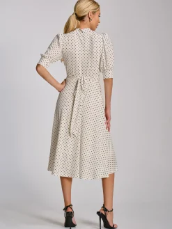 Tie Neck Puffy Sleeve Jersey Midi Dress, White Polka Dot