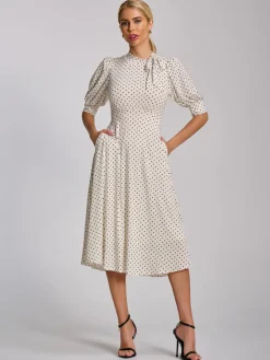 Tie Neck Puffy Sleeve Jersey Midi Dress, White Polka Dot