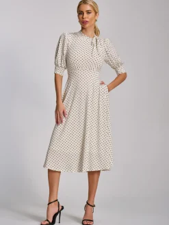 Tie Neck Puffy Sleeve Jersey Midi Dress, White Polka Dot