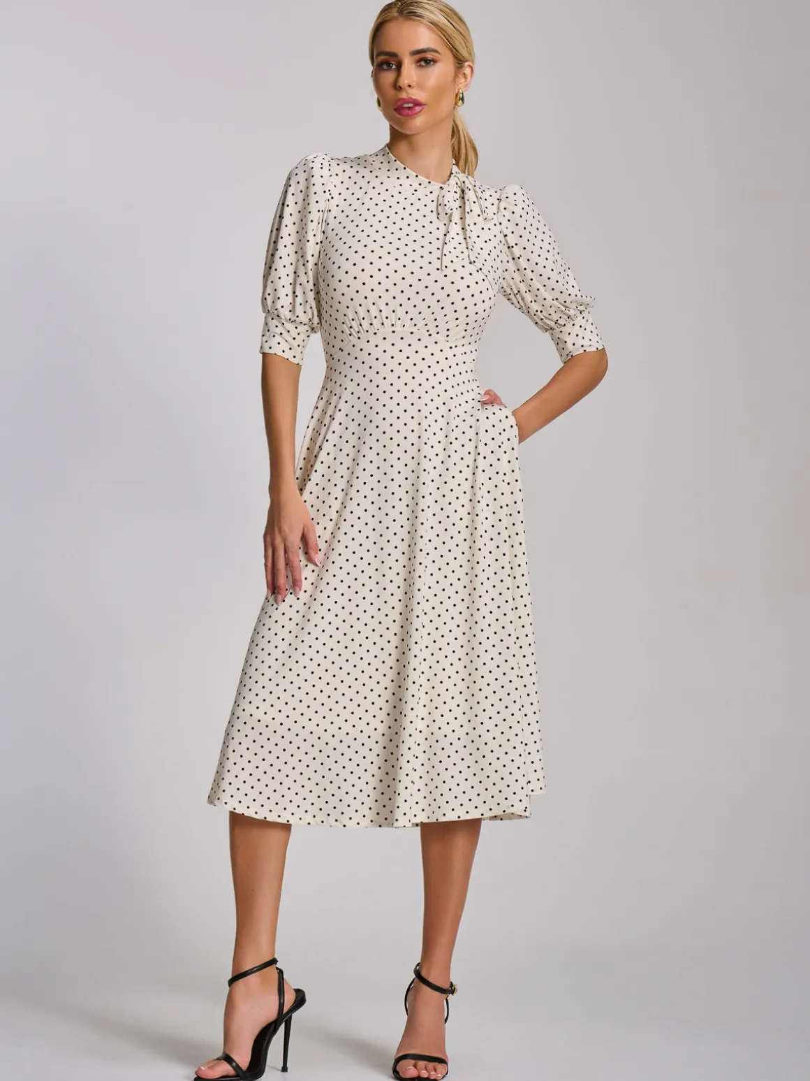 Tie Neck Puffy Sleeve Jersey Midi Dress, White Polka Dot