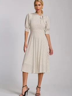 Tie Neck Puffy Sleeve Jersey Midi Dress, White Polka Dot