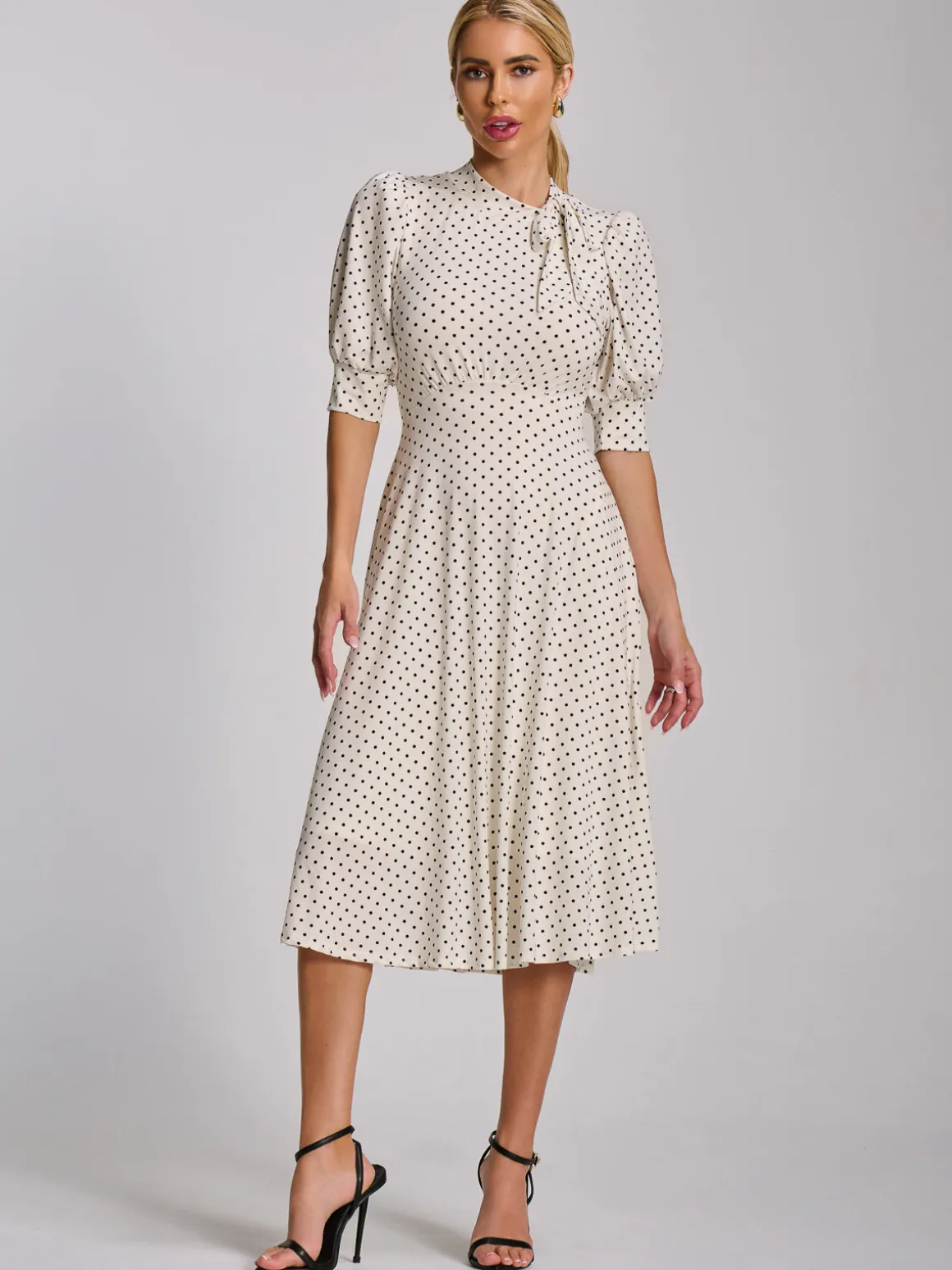 Tie Neck Puffy Sleeve Jersey Midi Dress, White Polka Dot