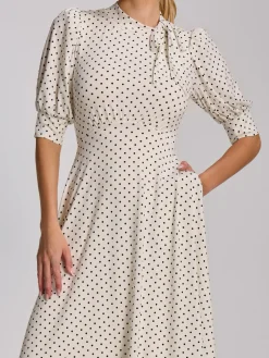 Tie Neck Puffy Sleeve Jersey Midi Dress, White Polka Dot