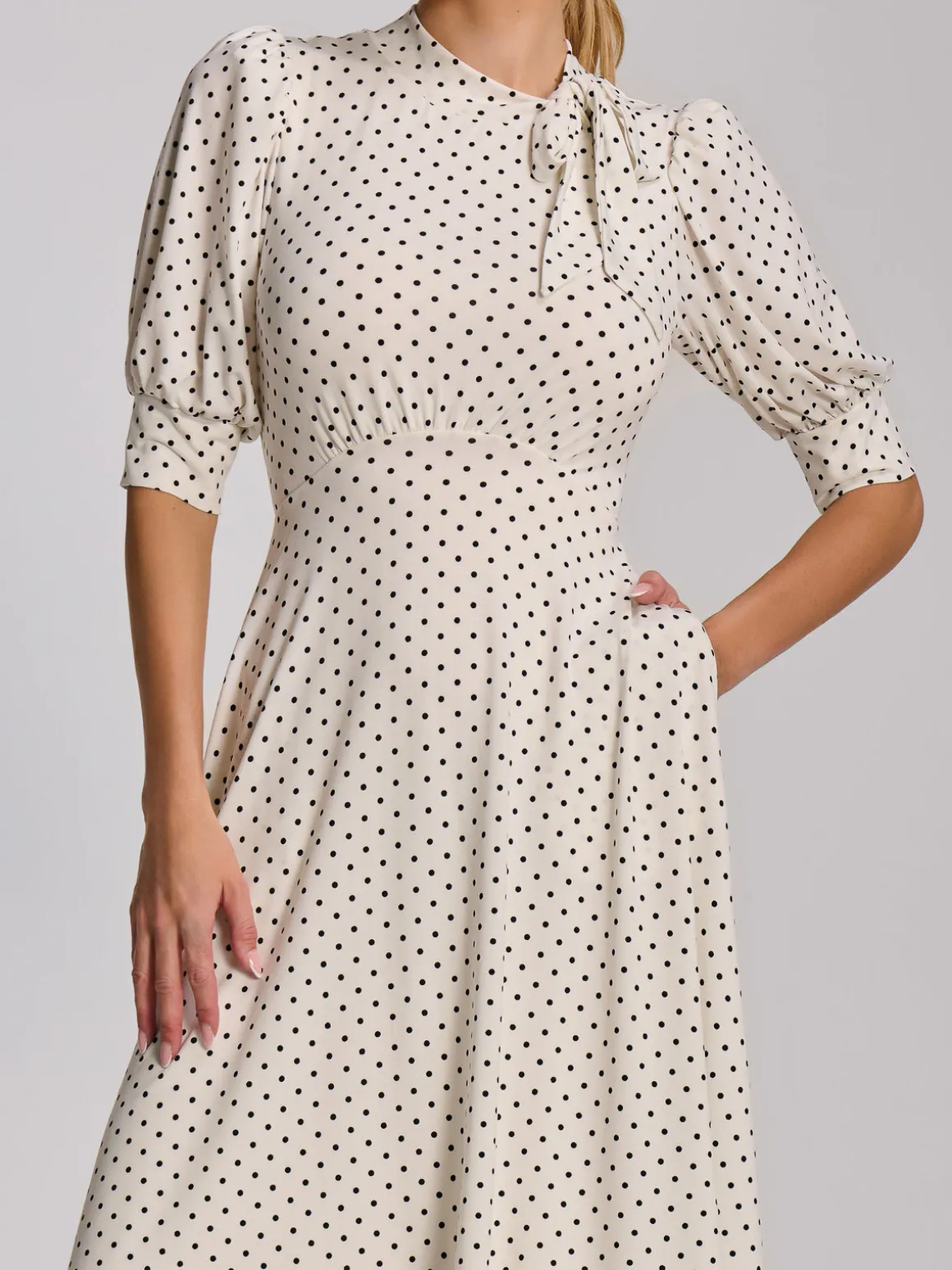 Tie Neck Puffy Sleeve Jersey Midi Dress, White Polka Dot