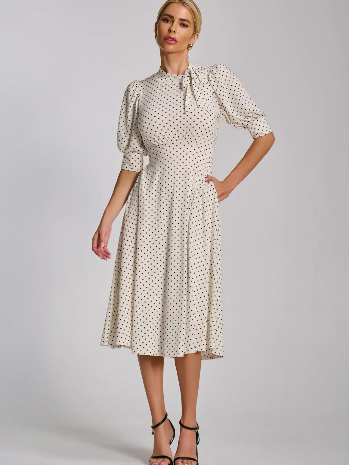 Tie Neck Puffy Sleeve Jersey Midi Dress, White Polka Dot