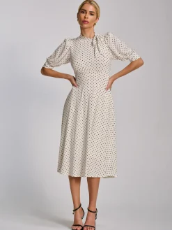 Tie Neck Puffy Sleeve Jersey Midi Dress, White Polka Dot