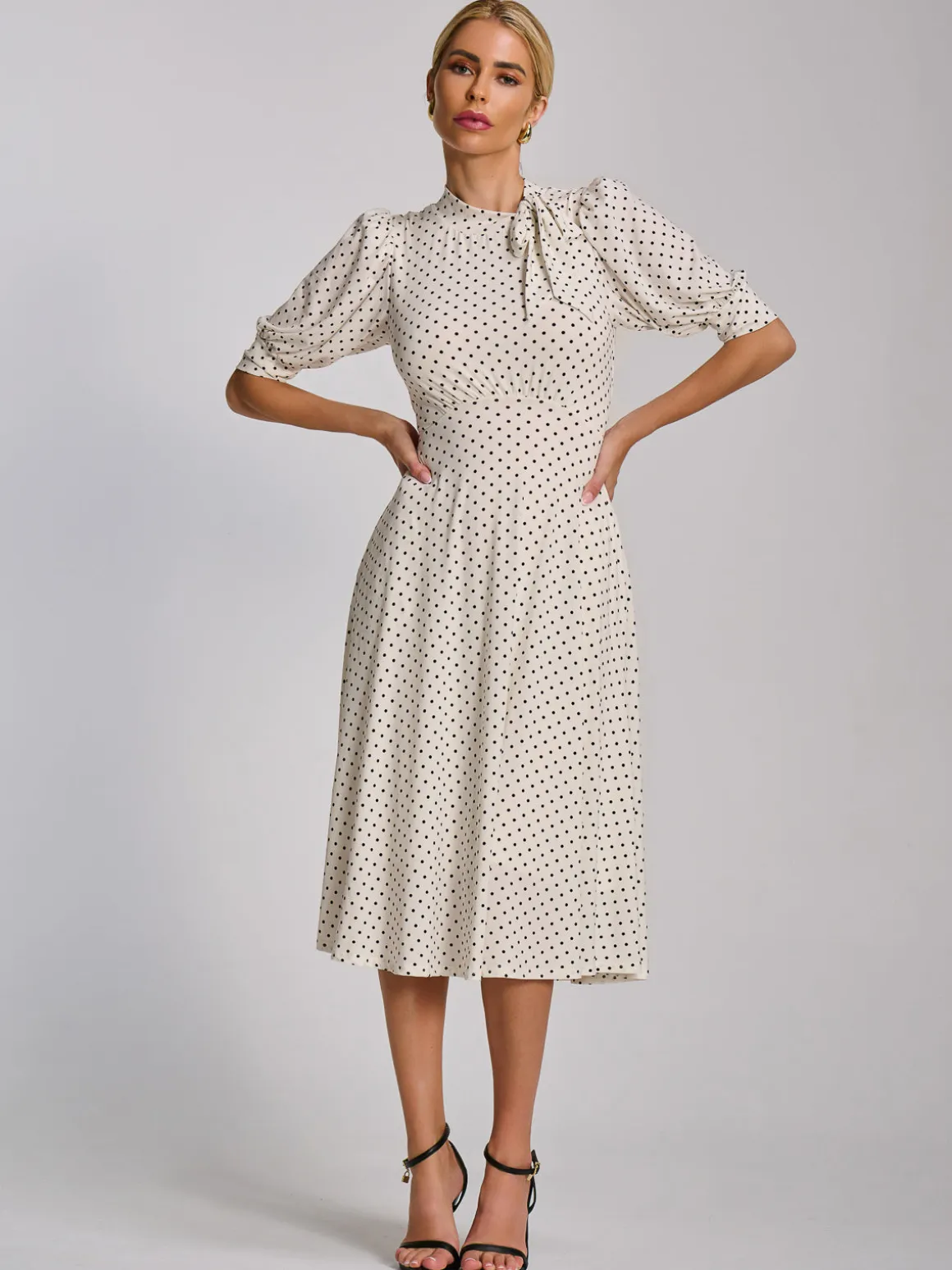 Tie Neck Puffy Sleeve Jersey Midi Dress, White Polka Dot