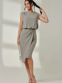 Tiered Draped Pencil Dress, Light Khaki