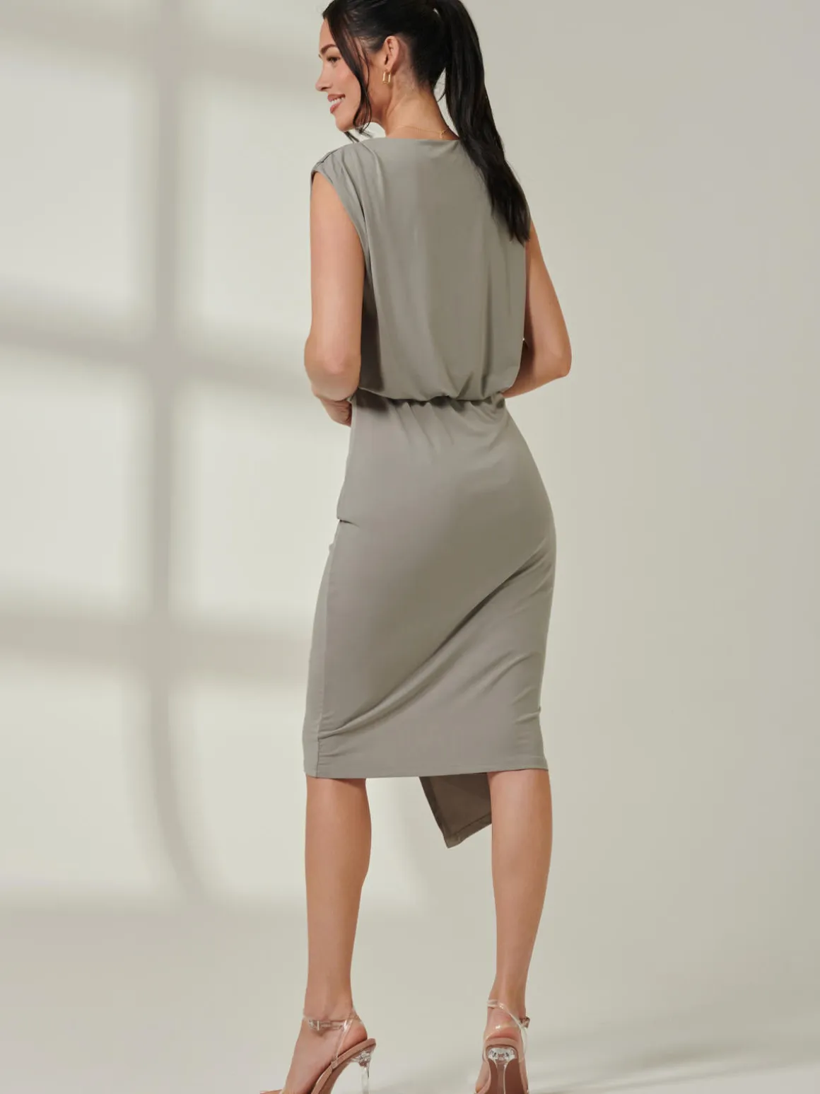 Tiered Draped Pencil Dress, Light Khaki