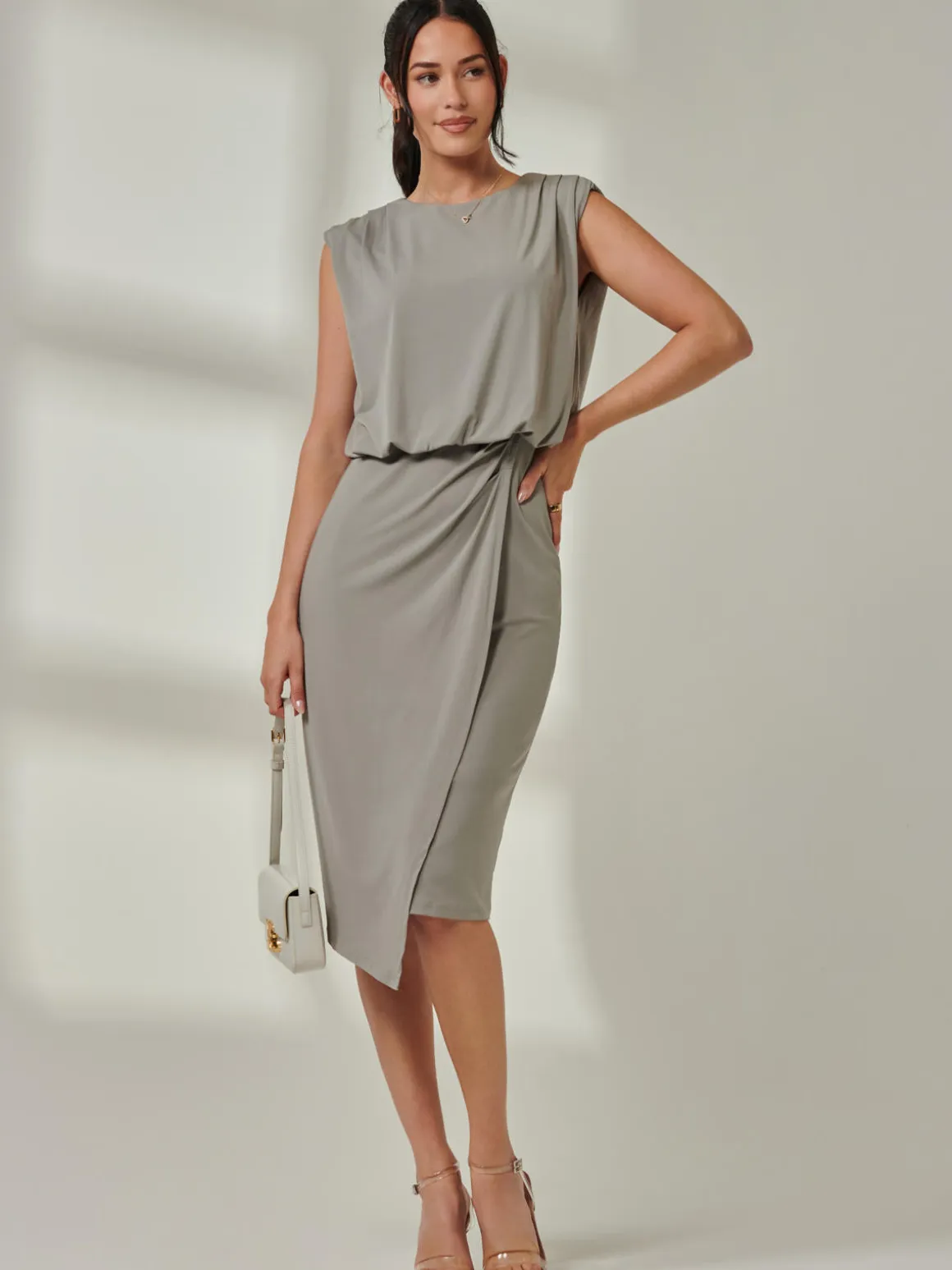 Tiered Draped Pencil Dress, Light Khaki
