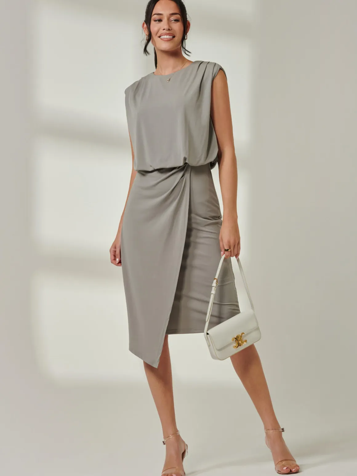 Tiered Draped Pencil Dress, Light Khaki