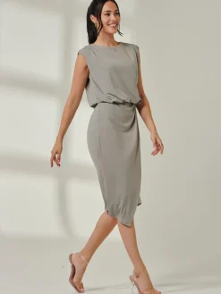 Tiered Draped Pencil Dress, Light Khaki