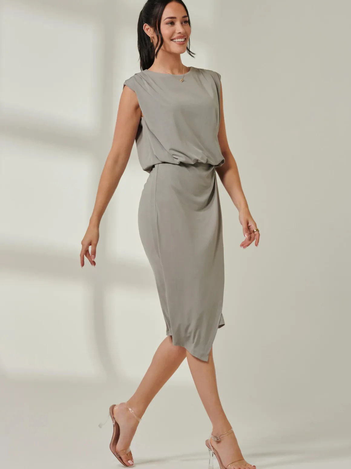 Tiered Draped Pencil Dress, Light Khaki