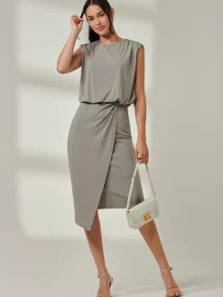 Tiered Draped Pencil Dress, Light Khaki